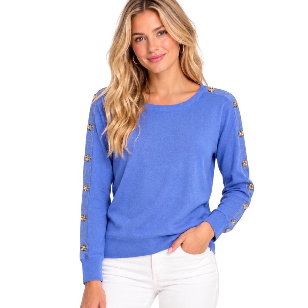 NWT Lilly Pulitzer Milton Sweater Blue Hyacinth Gold Button XS 000048